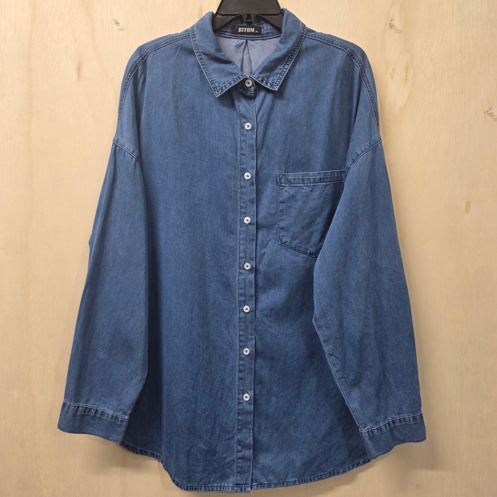 BTFBM Womens XL Blue Denim Button Down Shirt Oversized Cotton Long Sleeve Top